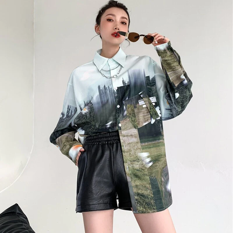 deanwangkt Summer Spring oversized Women Man Blouses oil Printing shirts Harajuku Tops Long Sleeve Couple's Streetwear Blusas Mujer - Deanwangkt