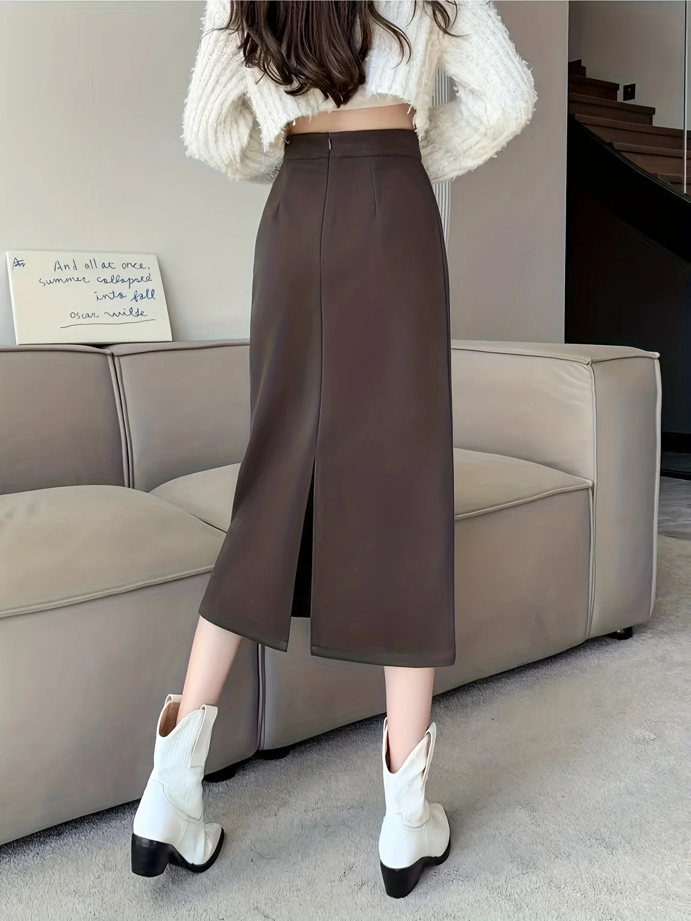 Solid High Waist Split Back Skirt, Vintage A Line Midi Skirt For Spring & Fall, Women's Clothing - Deanwangkt