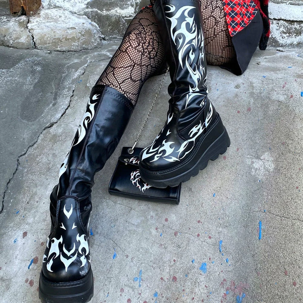 DEANWANGKT  Band Goth Platform Wedges Punk Chunky Mid Calf Boots Women Thick Heel Autumn Trendy Cosplay Casual Shoes Women - Deanwangkt