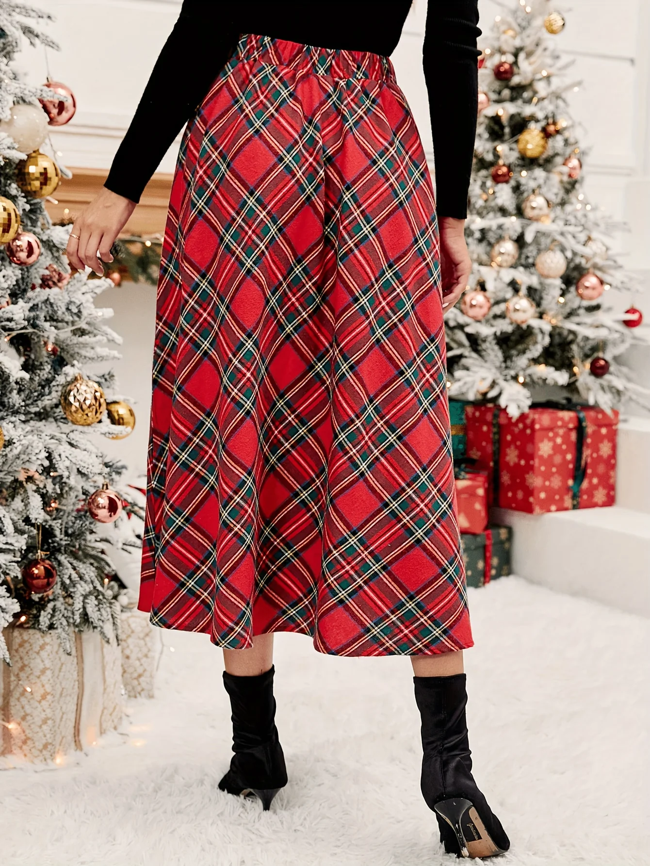 deanwangkt-1 Plaid Pattern Pleated Skirt, Casual High Waist Maxi Skirt, Women's Clothing - Deanwangkt