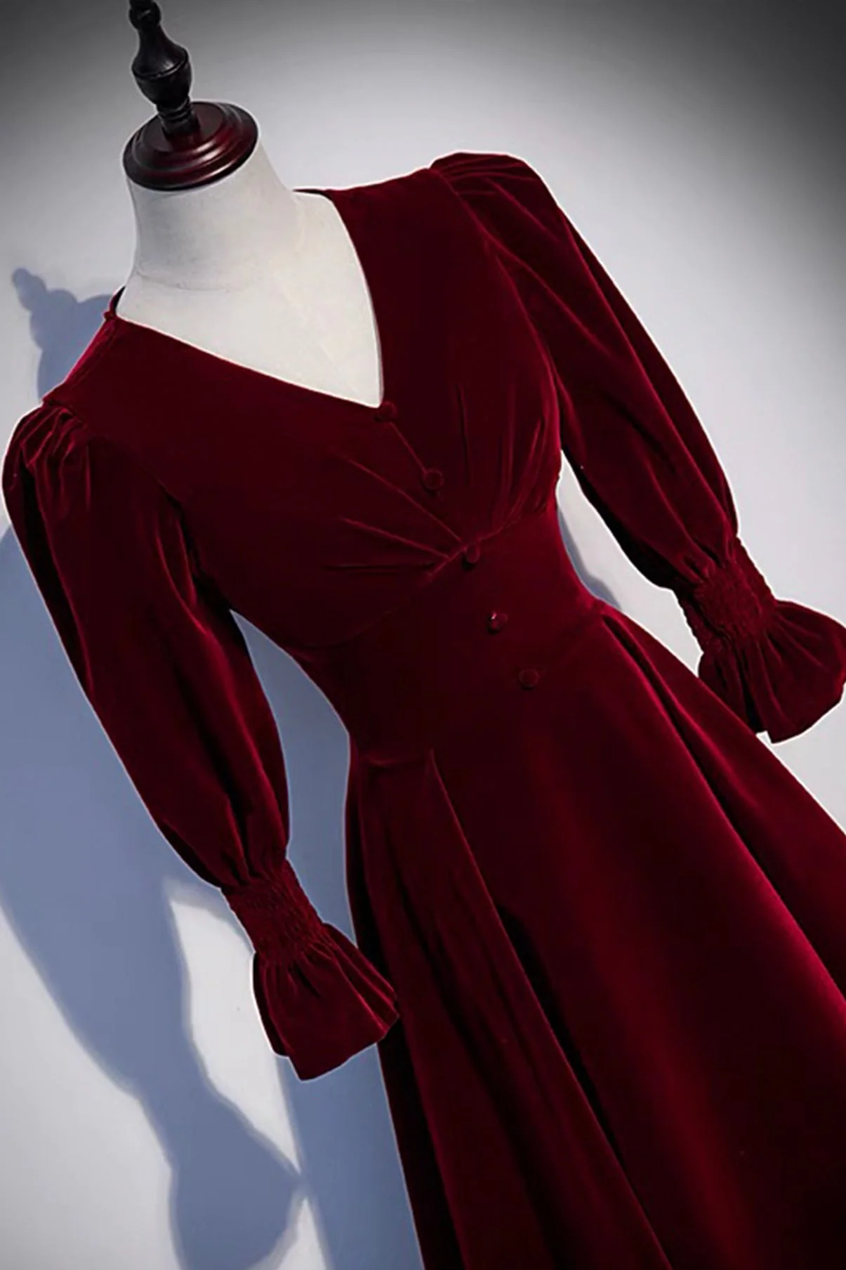 solvbao Burgundy Velvet Long Prom Dresses, A-Line Long Sleeve Evening Dresses - Deanwangkt