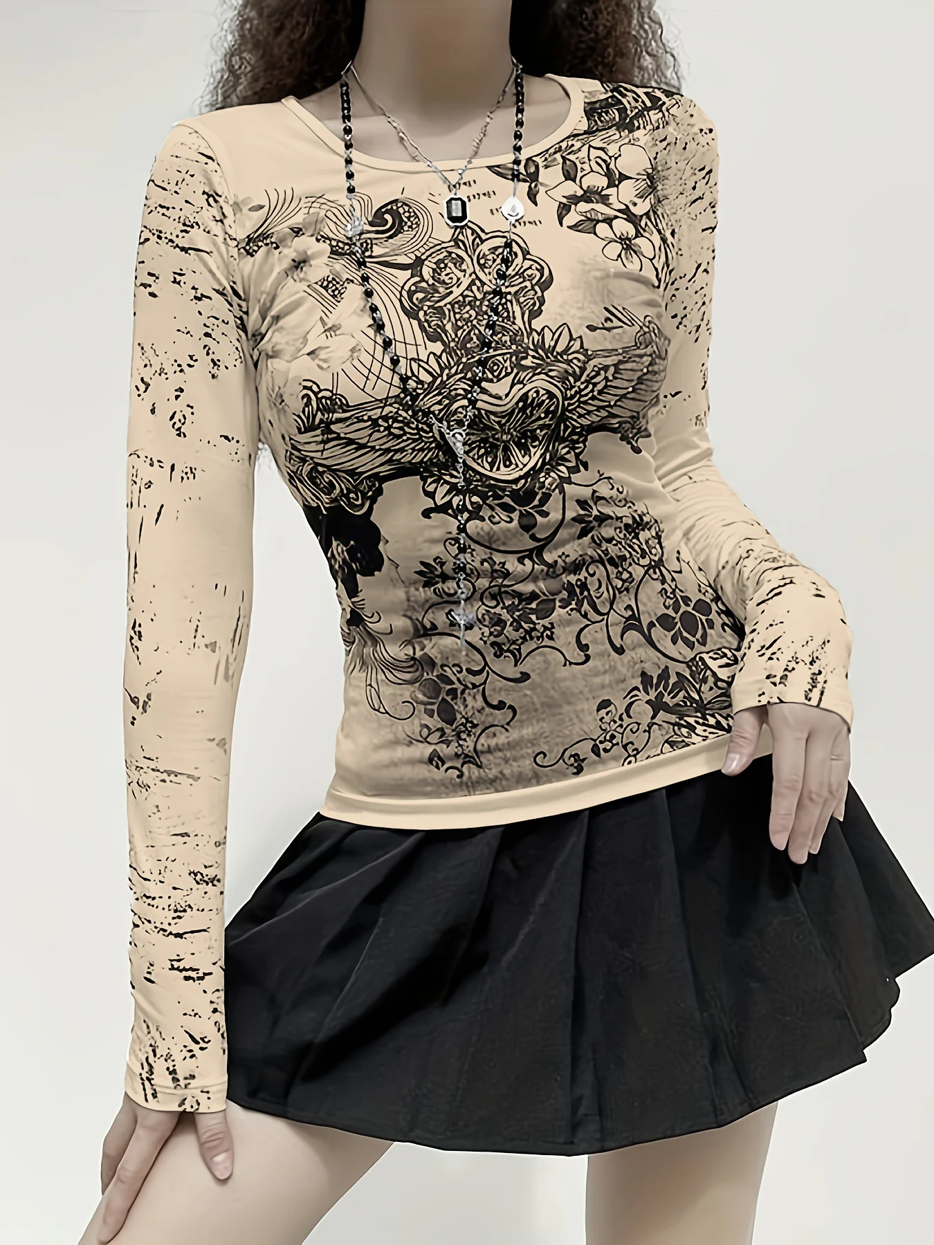 deanwangkt  Graphic Print Crew Neck T-Shirt, Gothic Long Sleeve Top For Spring & Fall, Women's Clothing - Deanwangkt