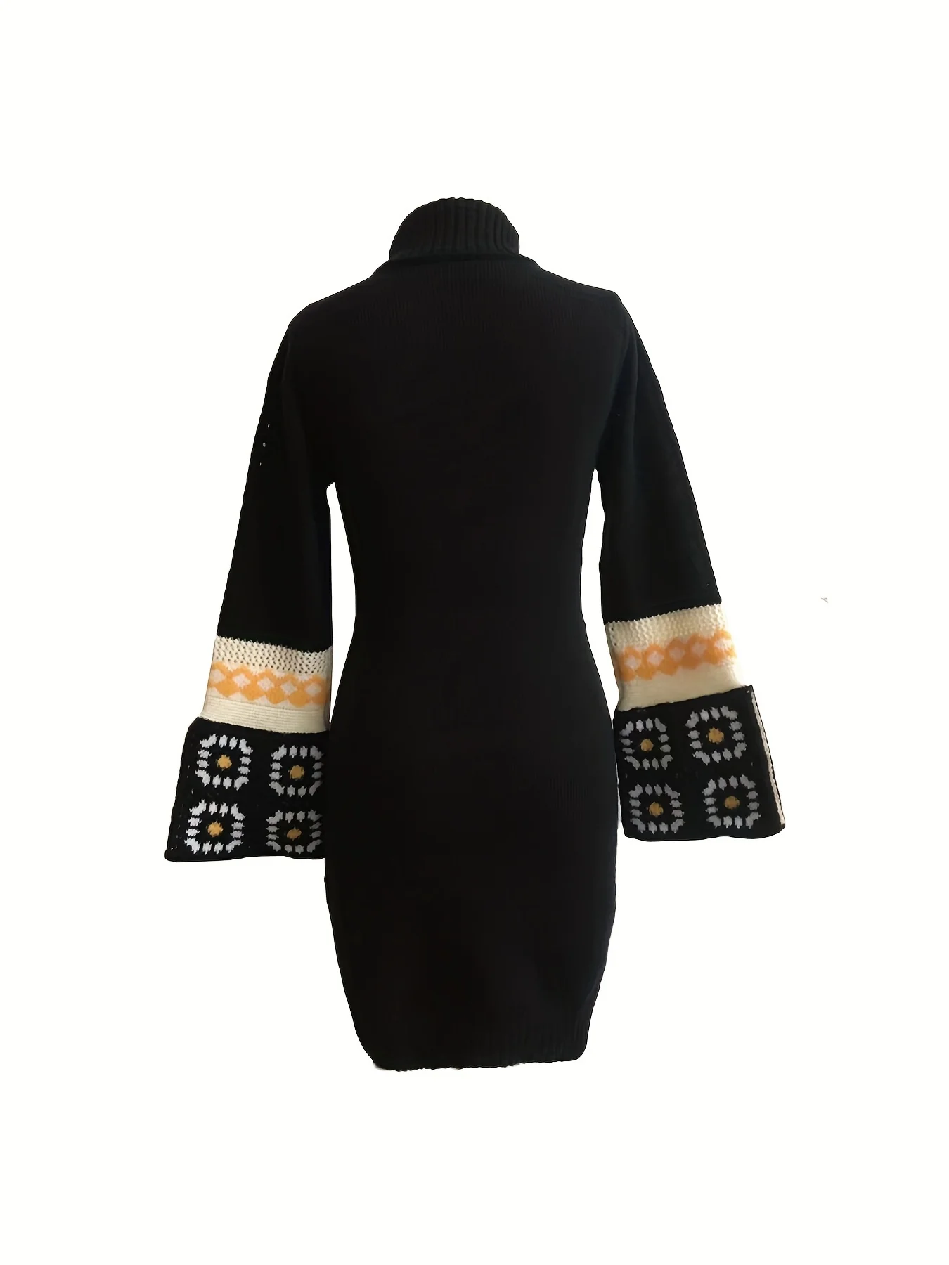Hippie Patchwork Turtleneck Knitted Sweater Dress, Casual Flared Cuff Long Sleeve Dress, Women's Clothing - Deanwangkt