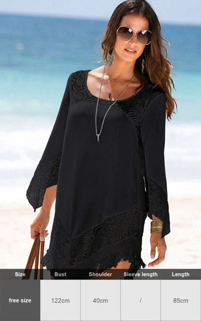 Sexy New Shirt Beach Up White Beach Dress Loose Blouse Tunic Pocket Long Sleeve Swimsuit Cover Up Casual Beachwear - Deanwangkt