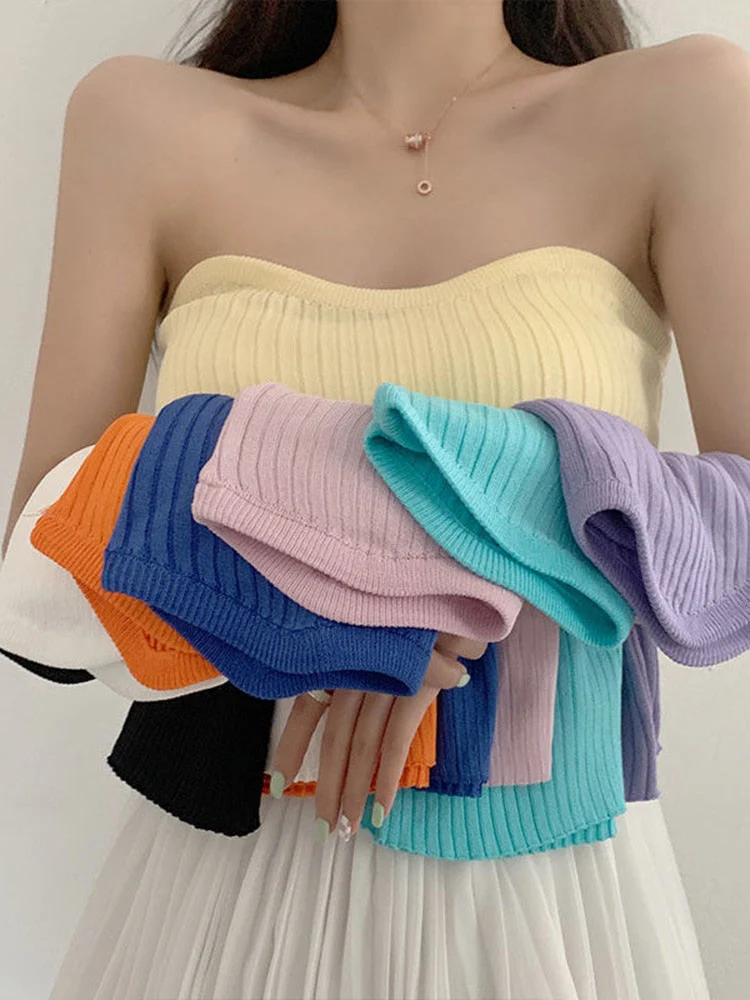 deanwangkt Sexy Strapless Knitted Tanks Women Summer High Elastic Crop Top Fashion Pullover Solid Color Cute White Female Corset Top New - Deanwangkt
