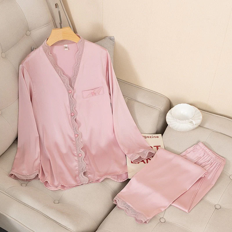 deanwangkt Casual Pajamas Set Satin Sexy Women 2 Piece Sleepwear Silky Pyjamas Loungewear Solid Nightwear Spring New Bathrobe Shirt&Pants - Deanwangkt