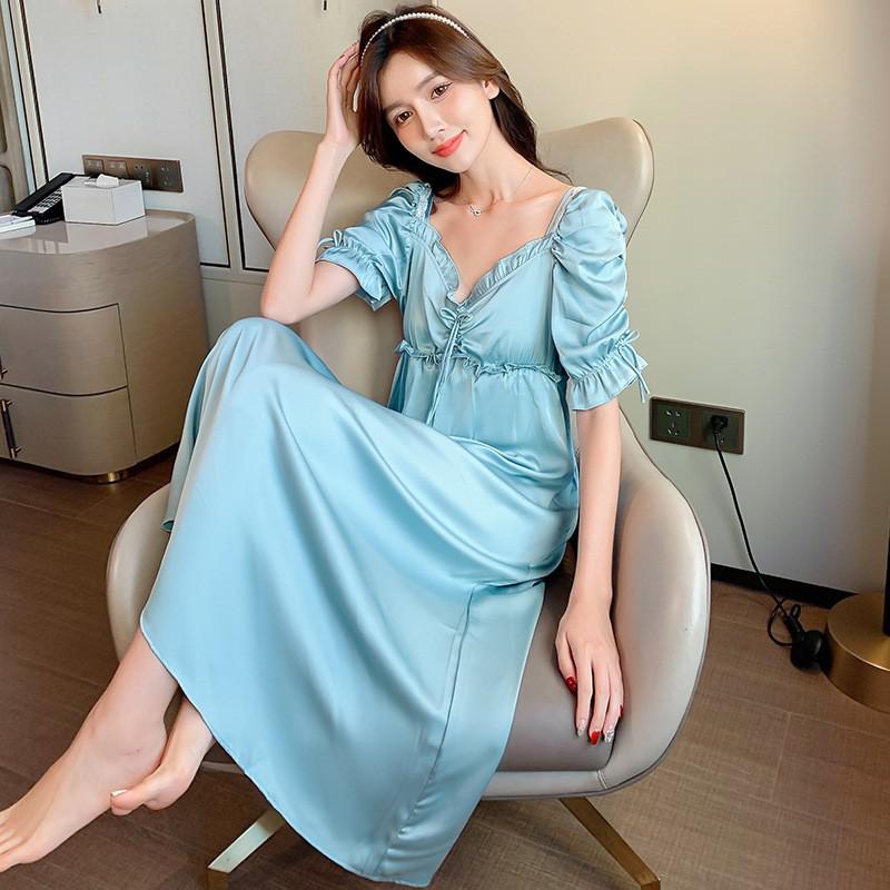 Female Nightgown Elegant Palace Style Princess Long Nightgown Sleepwear Summer Short Sleeve Sleepshirt Satin Silk Home Dress - Deanwangkt