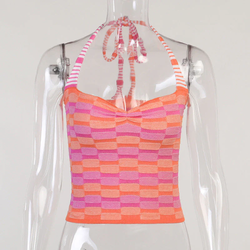 deanwangkt  Summer Women Crop Top Halter Neck Bandage Backless Off Shoulder Sleeveless Patchwork Beach Knit Sexy Tank Top - Deanwangkt