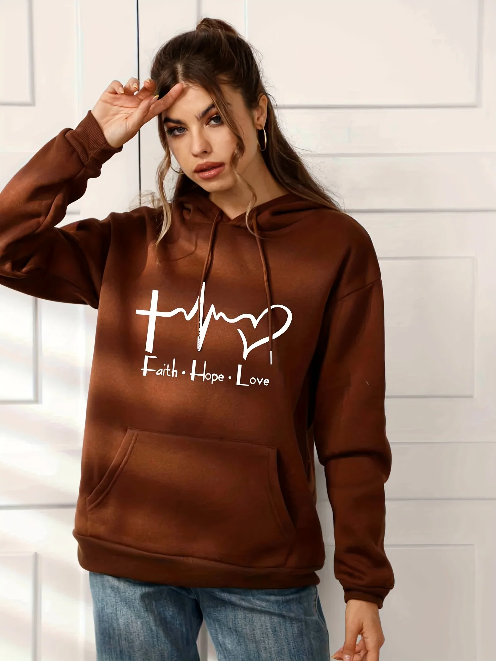 deanwangkt-1  Faith Hope And Love  Letter Hooded Sweatshirt With Front Pocket, Long Sleeve Causal Sports Drawstring Hoodie, Women's Sporty Sweatshirts - Deanwangkt