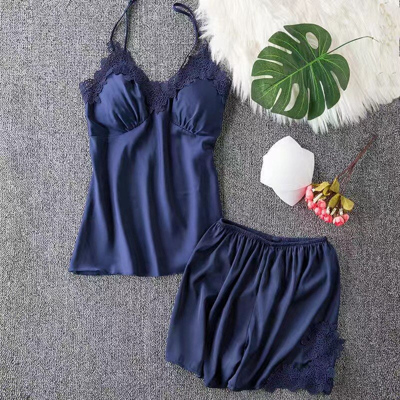 5PCS Robe Sleep Suit Pajamas Set Sexy Lace Stain Red Pajamas Women Silk Pyjamas Dressing Gown Summer Robe Sleepwear Chest Pads - Deanwangkt