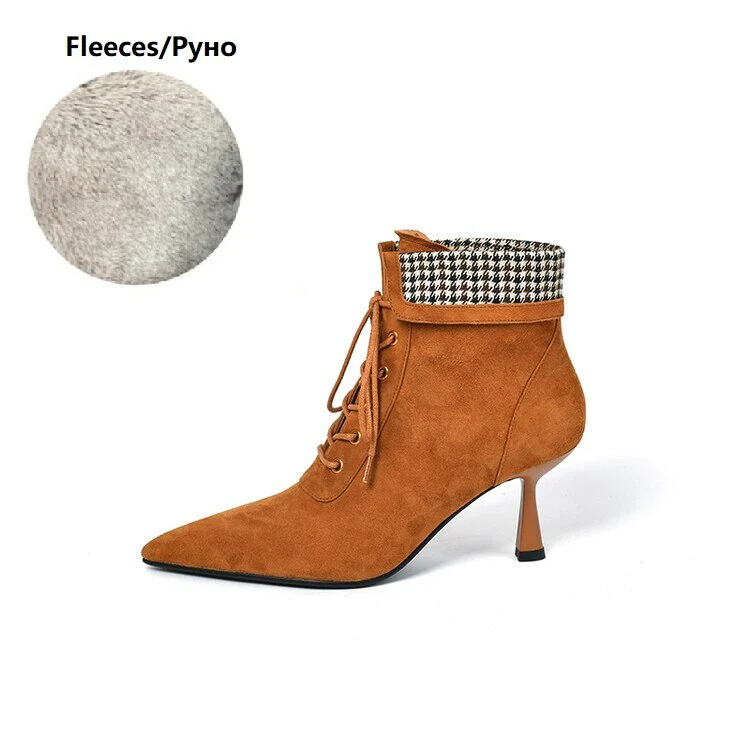 deanwangkt Autumn Boots   NEW Fall Shoes Women Pointed Toe High Heel Shoes Sheep Suede Thin Heel Shoes Plaid Ankle Boots Women Mature Lace-up Modern Boots - Deanwangkt