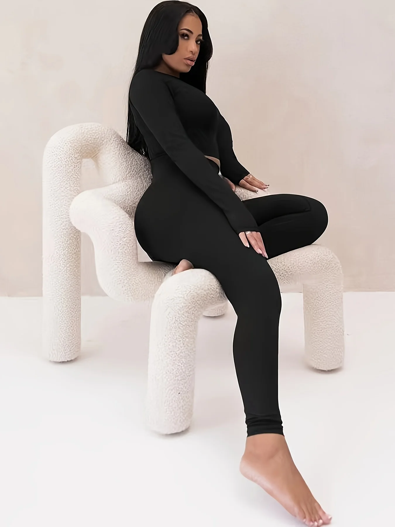 deanwangkt-1  Solid Bodycon Two-piece Set, Crew Neck Long Sleeve Tops & High Waist Long Length Pants Outfits, Women's Clothing - Deanwangkt