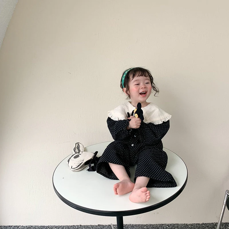 deanwangkt  Spring cute baby girl polka dot black outfits Girls fashion big turn-down collar shirt and wide leg pants 2pcs sets Kids clothes - Deanwangkt