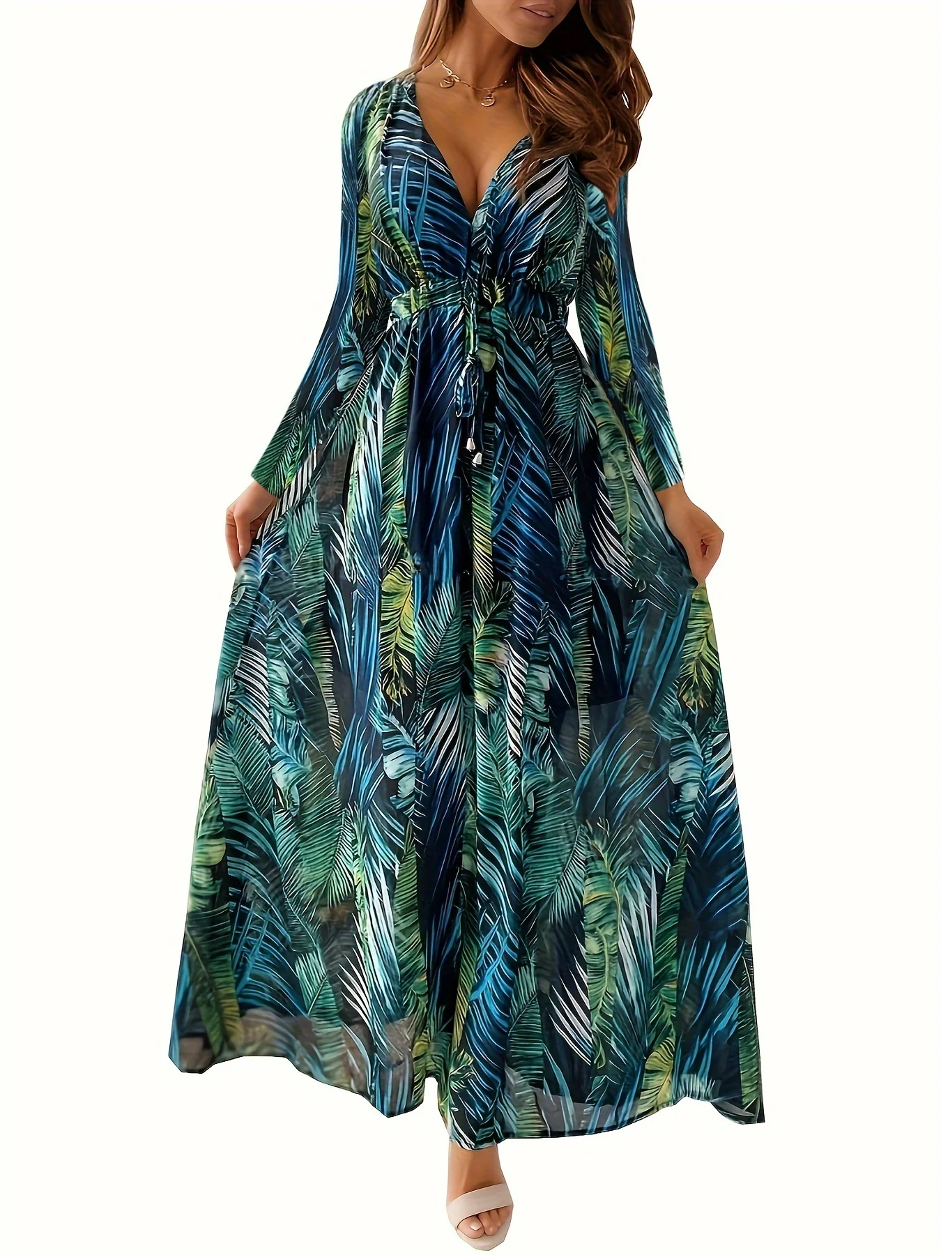 Leaf Print Long Sleeve Dress, Boho Plunge Neck Maxi Length Dress, Women's Clothing - Deanwangkt