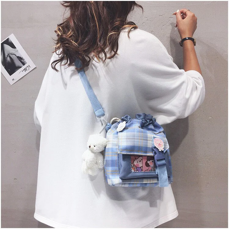 deanwangkt New Summer Bucket Bag Women Plaid Nylon Bag Girls Small Crossbody Bags Handbag Mobile Phone Bag Drawstring Shoulder Bag Bolsos - Deanwangkt