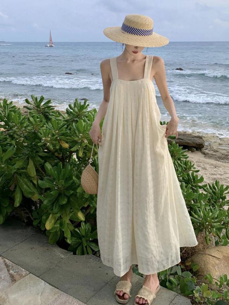 deanwangkt Summer Midi Apricot Slim Square Collar Sleeveless Bandage Slip Dress For Women Elegant Pleated High Waist A-line Party Dresses - Deanwangkt