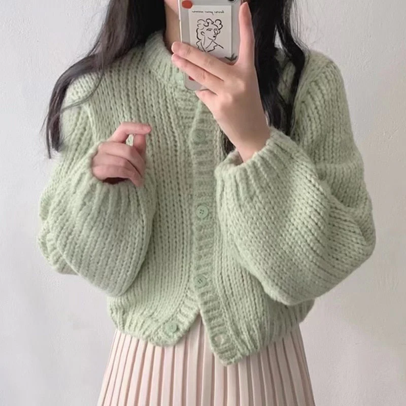 deanwangkt Korean Chic Long Sleeve Knitted Sweater Cardigan Autumn/Winter Single Breasted Tops Retro Solid O-neck Loose Sweater Coat - Deanwangkt