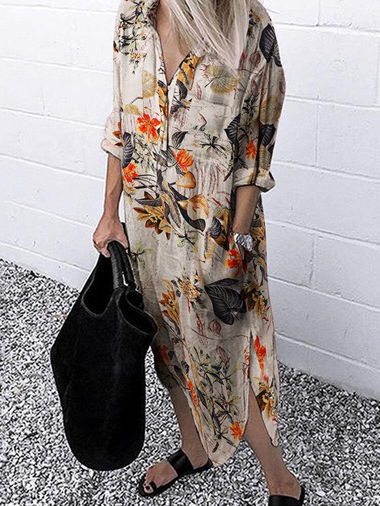 deanwangkt Women Retro Floral Leaves Print Lapel Collar Irregular Hem Button Shirt Dresses With Pocket - Deanwangkt