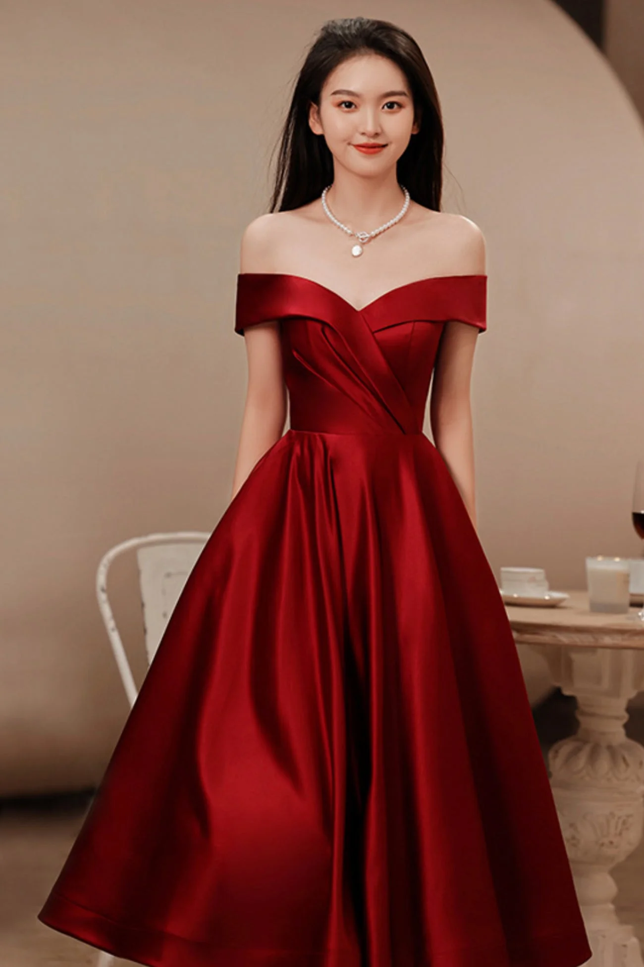 solvbao Burgundy Satin Short Prom Dresses, Off the Shoulder Evening Dresses - Deanwangkt