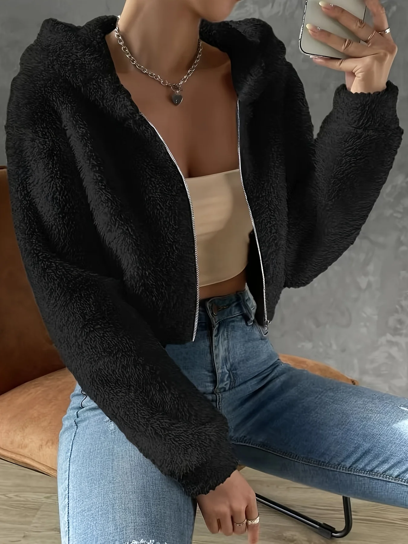 deanwangkt-1 Solid Zipper Hooded Crop Coat, Casual Faux Fur Thermal Coat, Women's Clothing - Deanwangkt