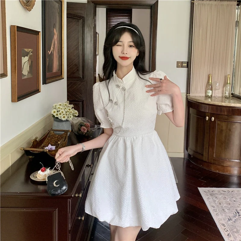 deanwangkt New Chinese Fashion Cheongsam Mini Doll Dress Stand Collar Puff Sleeve Little Ball Gown Dress Small Girl Black White Party Dress - Deanwangkt