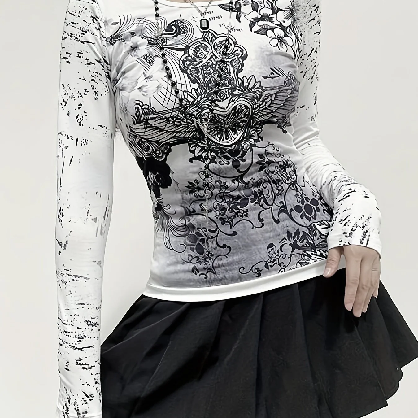 deanwangkt  Graphic Print Crew Neck T-Shirt, Gothic Long Sleeve Top For Spring & Fall, Women's Clothing - Deanwangkt