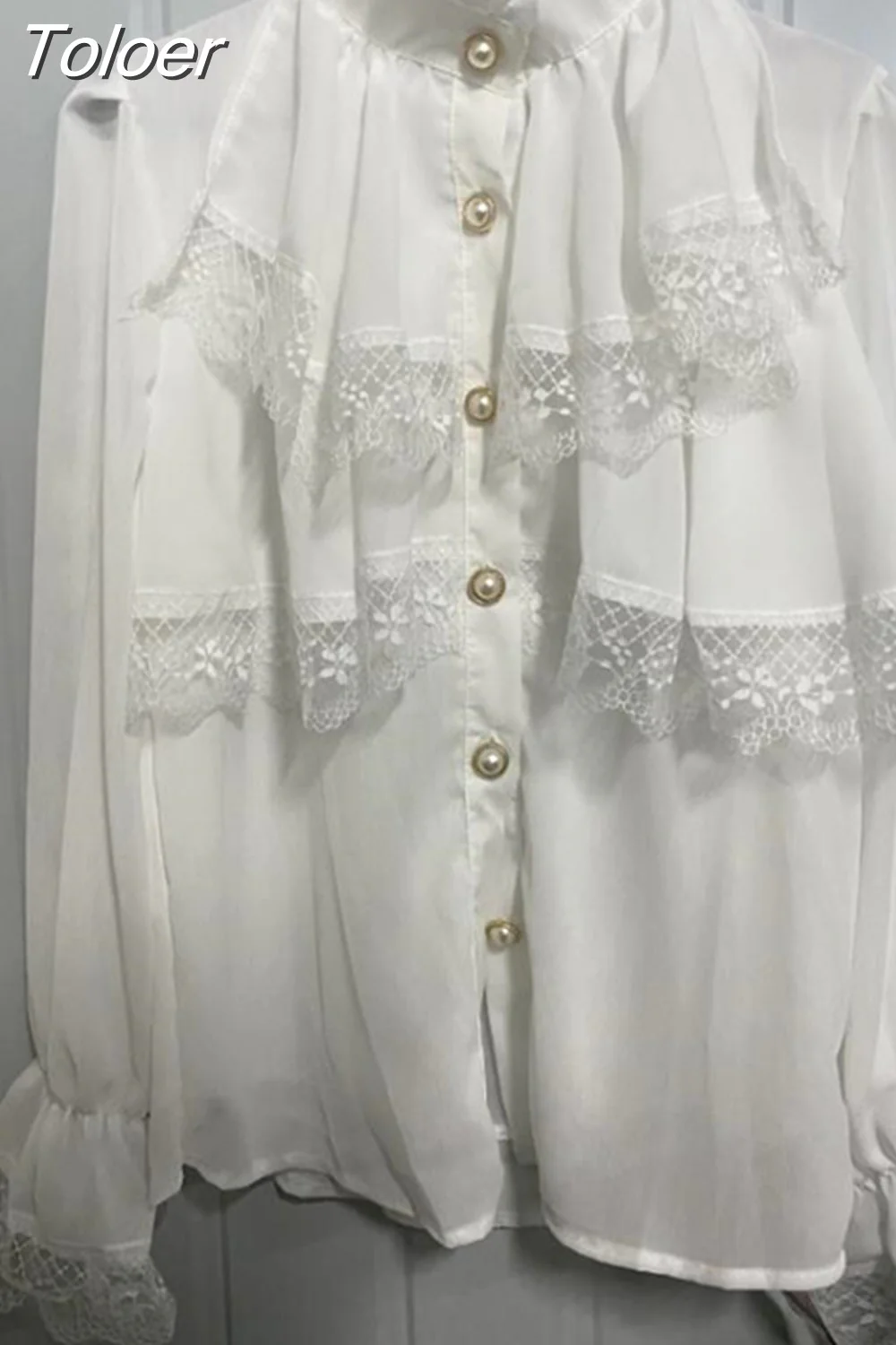 deanwangkt Korean White Blouse Women Blusas Stand Neck Chiffon Shirts Long Sleeve Ruffles Lace Blouses Vintage Elegant Femme Tops - Deanwangkt