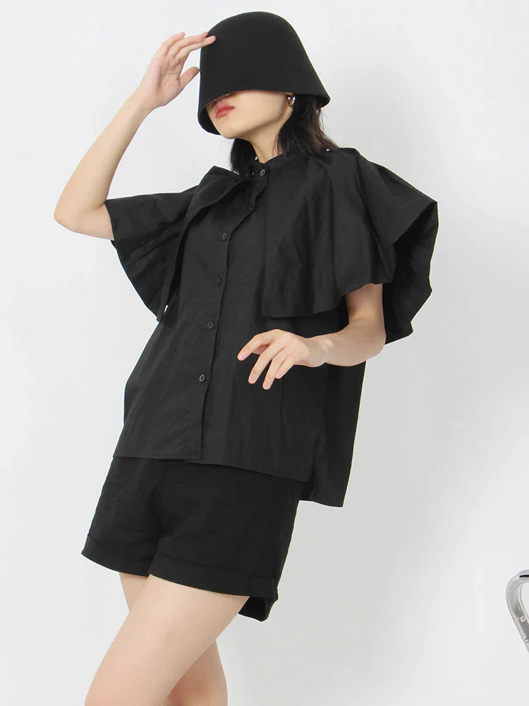 deanwangkt Straight Shirt For Women Lapel Short Sleeve Ruffle Trim Solid Loose Blouses Female Summer Clothing Style New - Deanwangkt