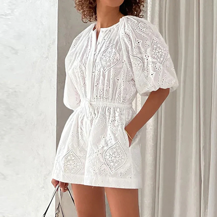 deanwangkt European and American fashion casual white Jacquard jumpsuit shorts women summer waist cotton bubble sleeve jumpsuit - Deanwangkt