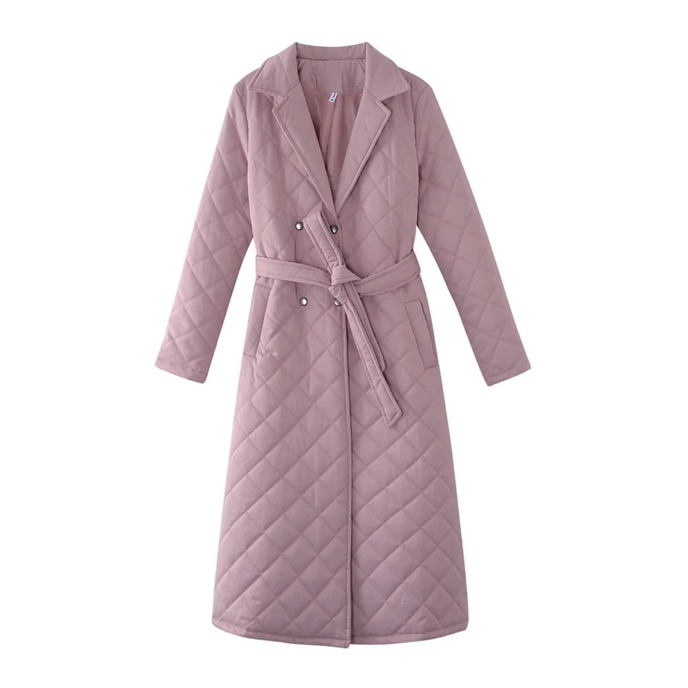 deanwangkt Long Straight Winter Coat With Rhombus Pattern Casual Sashes Women Parkas Deep Pockets Tailored Collar Stylish Outerwear - Deanwangkt