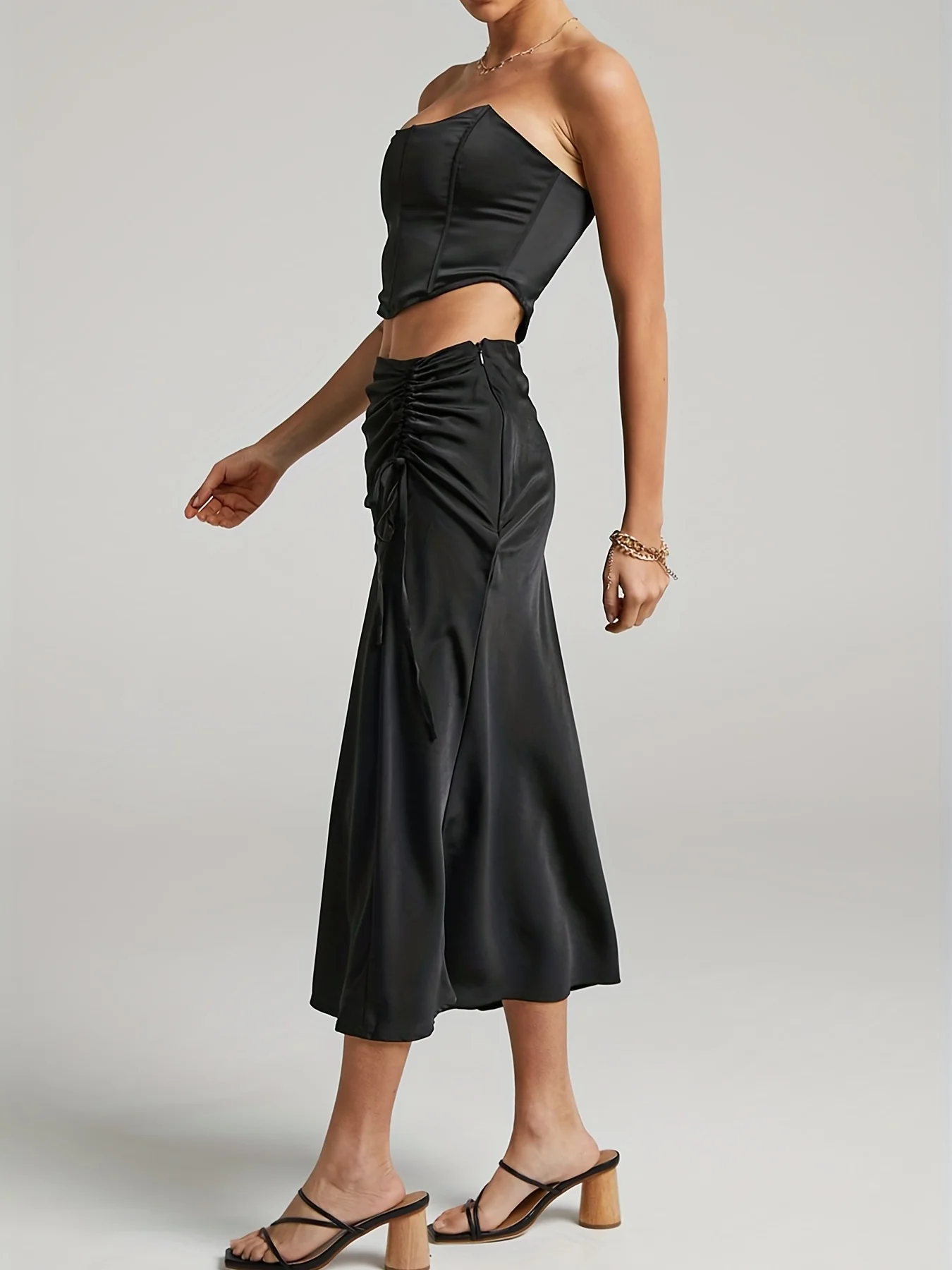 Solid Drawstring Ruched Skirt, Casual High Waist Skirt For Spring & Summer, Women's Clothing - Deanwangkt