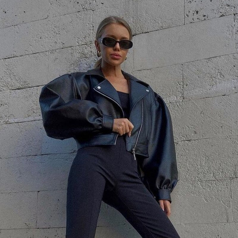deanwangkt Y2K  Fashion PU Leather Black Jackets for Women Fall Winter Zip Up Cardigan Cropped Jackets and Coats Loose Clothes - Deanwangkt