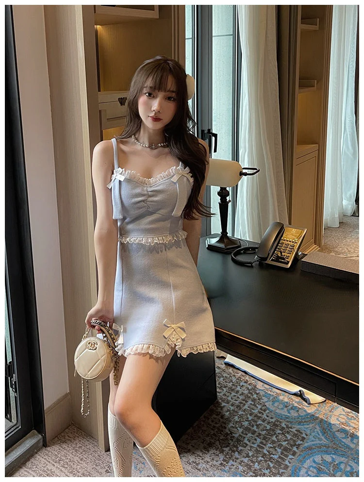 deanwangkt Lace Japanese Sweet Lolita Dress Women Bow Pink Kawaii Party Mini Dresses Female Blue Princess Korean Fashion Dresse Winter - Deanwangkt