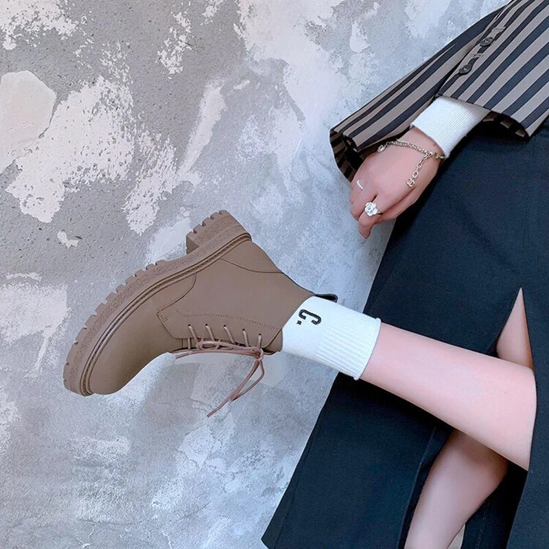 deanwangkt Autumn Boots    NEW Autumn Shoes Women Round Toe Chunky Shoes Split Leather Ankle Boots Lace-up Short Boots for Women Solid Black Winter Boots - Deanwangkt