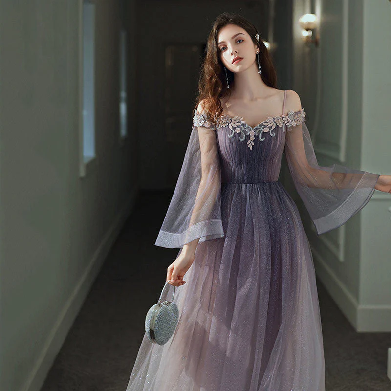 Solvbao Purple Gradient Tulle Long Sleeves Straps Prom Dress Party Dress, A-line Tulle Formal Dresses - Deanwangkt