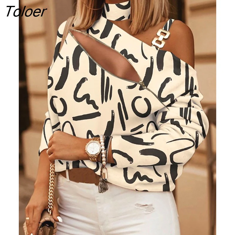 deanwangkt Off Shoulder Women Blouse Halter Neck Long Sleeve Button Print Zipper Casual Loose Top Autumn Elegant Office Ladies Blouses - Deanwangkt