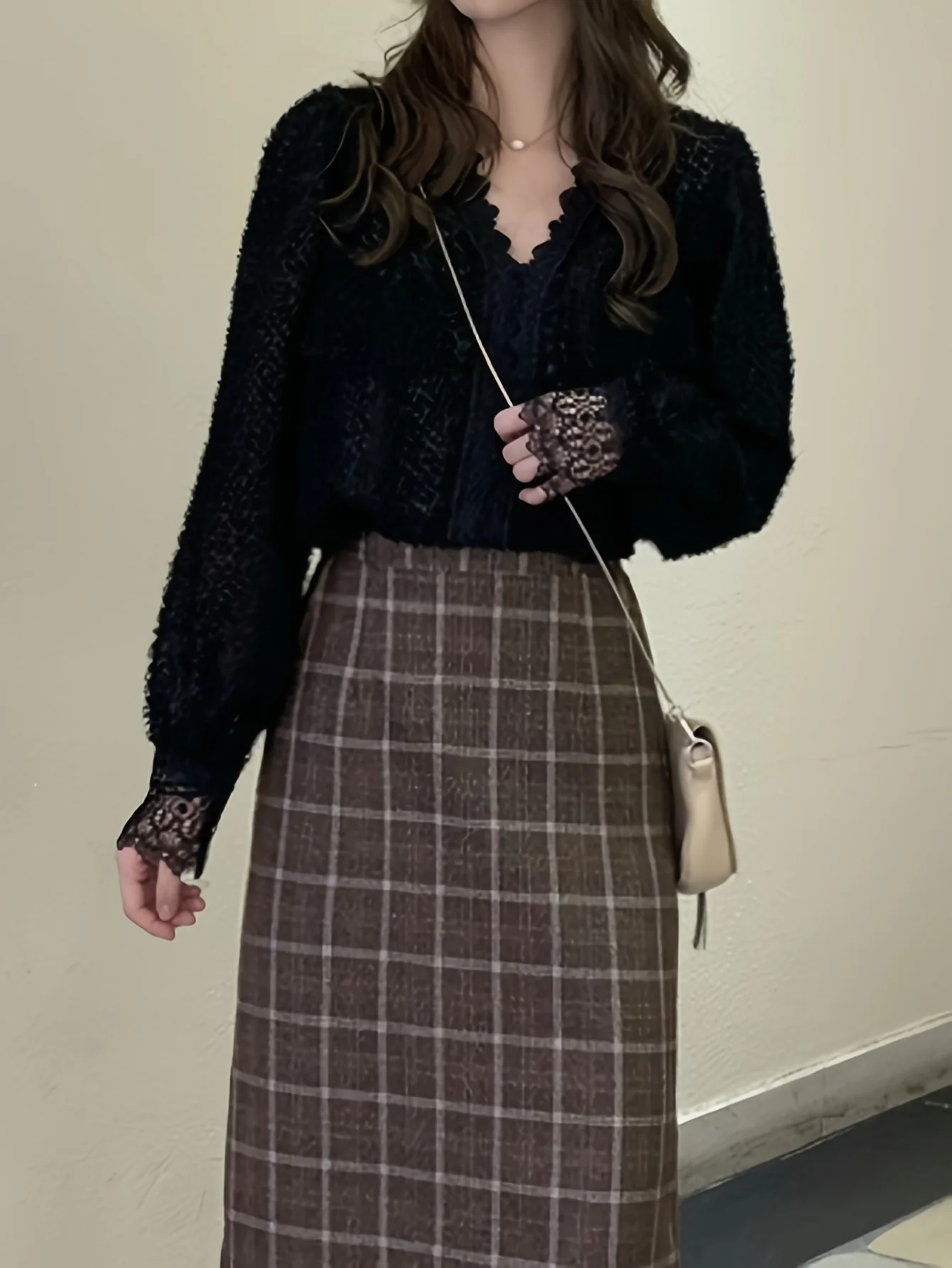 deanwangkt  Contrast Lace V Neck Blouse, Casual Long Sleeve Blouse For Spring & Fall, Women's Clothing - Deanwangkt