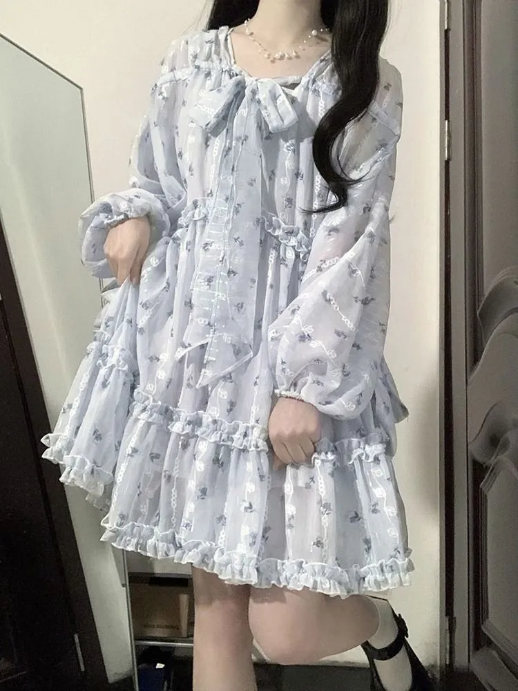 deanwangkt Fairycore Cute Floral Blue Lolita Dress Women Kawaii Japanese Style Sweet Ruffles Long Puff Sleeve Mini Dresses Autumn - Deanwangkt