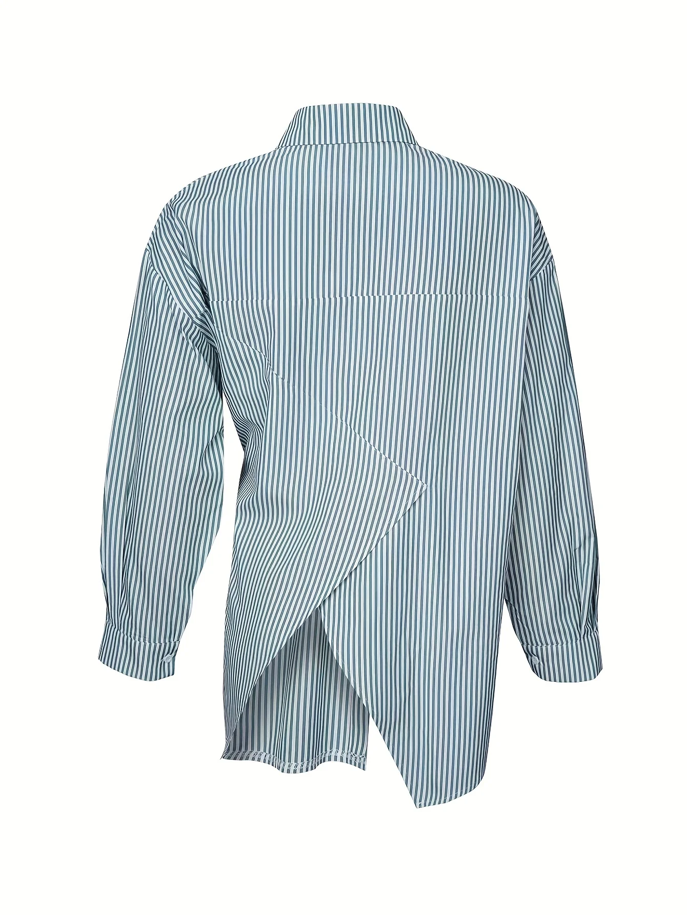 Striped Print Split Shirt, Casual Button Front Long Sleeve Shirt, Women's Clothing - Deanwangkt