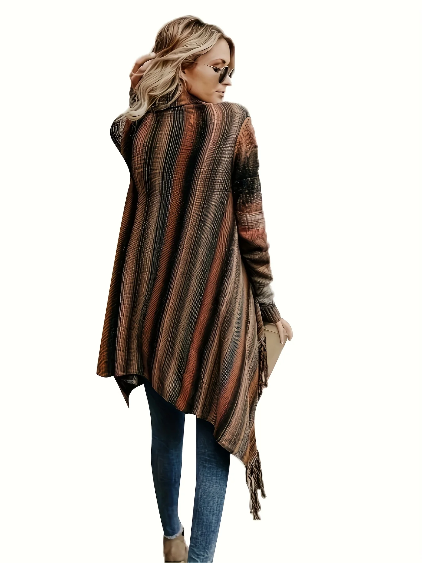 Striped Open Front Knit Shawl Cardigan, Elegant Tassel Trim Asymmetrical Mid Length Stylish Sweater, Women's Clothing - Deanwangkt