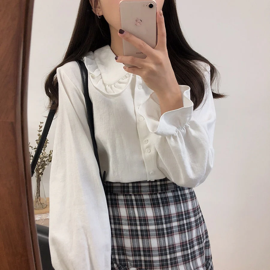 deanwangkt Shirts Blouses Women Fashion Design Girl Preppy Style Flare Sleeve Tops Crew Neck Solid Shirt Autumn Spring Brown Button Coats - Deanwangkt