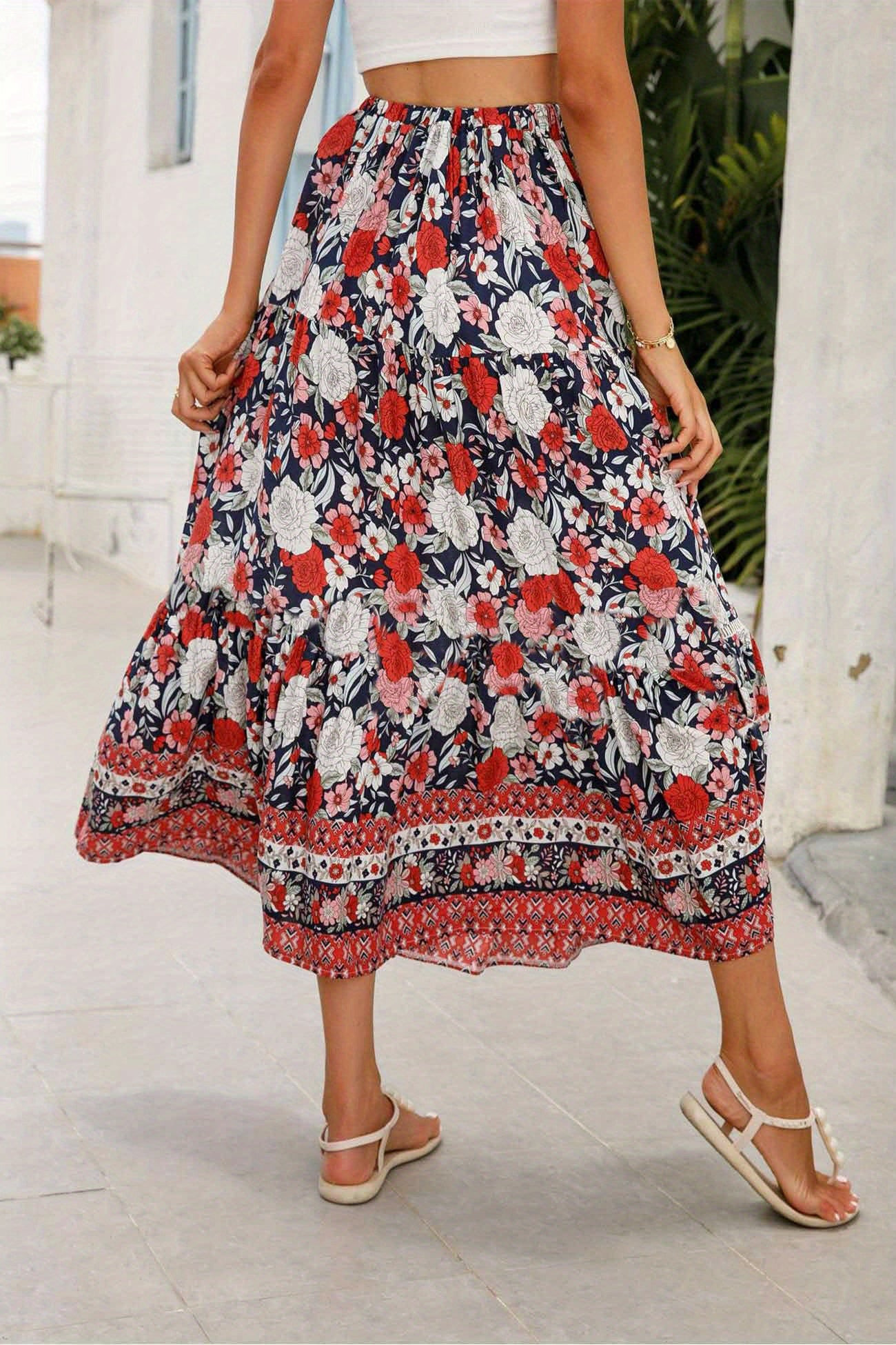 deanwangkt-1 Floral Print Drawstring Skirt, Boho Skirt For Spring & Summer, Women's Clothing - Deanwangkt