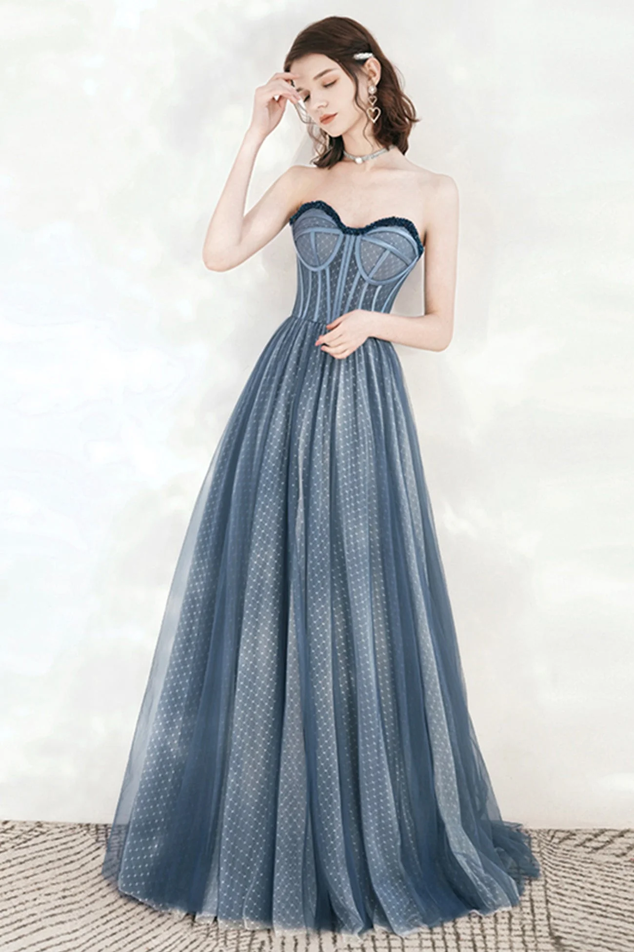 solvbao Blue Tulle Strapless Long Prom Dresses, A-Line Formal Evening Dresses - Deanwangkt