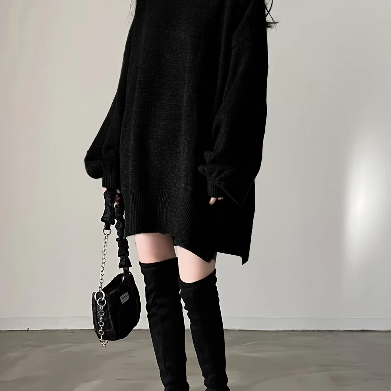 deanwangkt  Solid Turtle Neck Oversized Sweater, Casual Long Sleeve Split Sweater, Women's Clothing - Deanwangkt