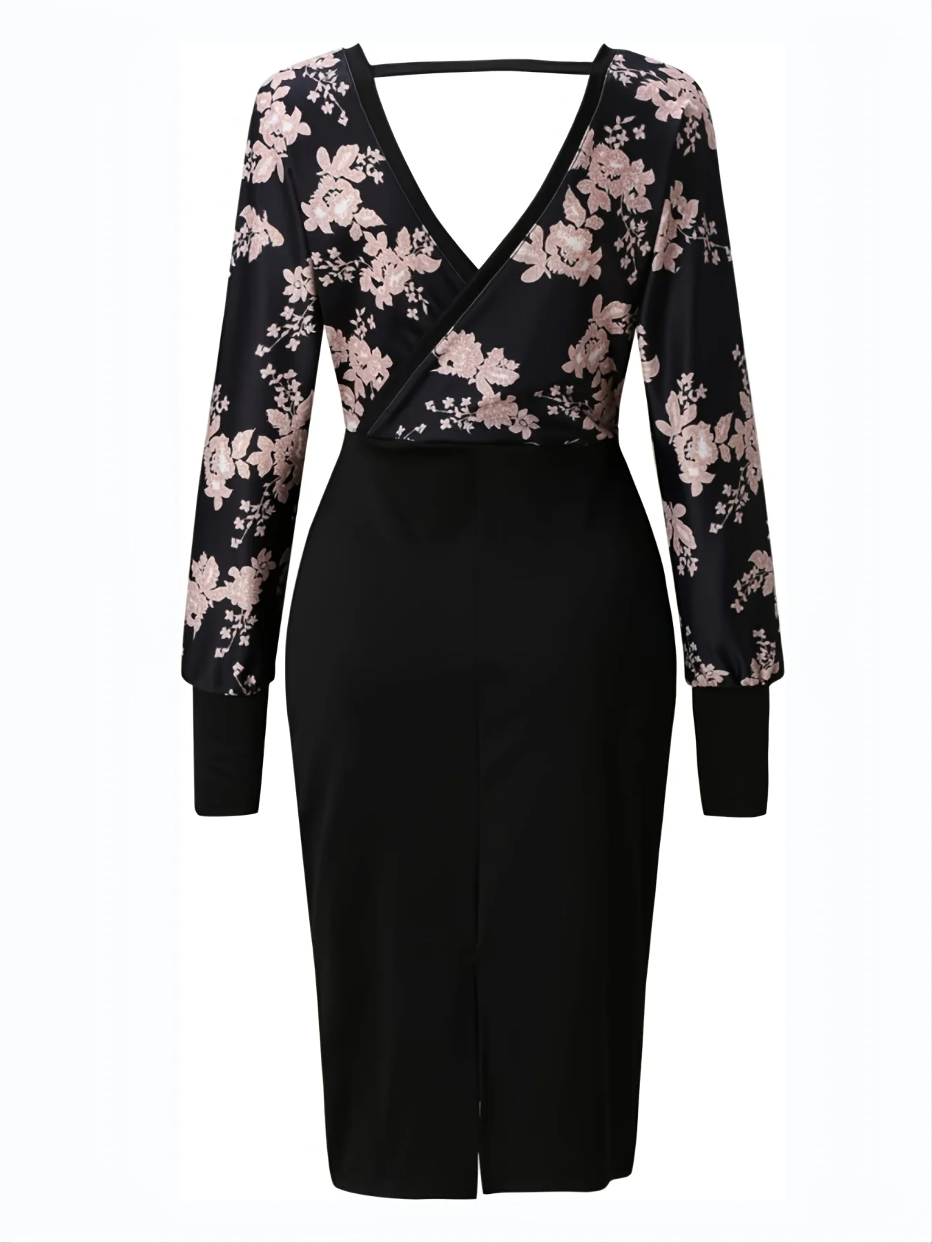 deanwangkt-1  Geometric Print Bodycon Dress, Long Sleeve Deep V-neck Backless Fall & Winter Medium Long Dresses, Women's Clothing - Deanwangkt