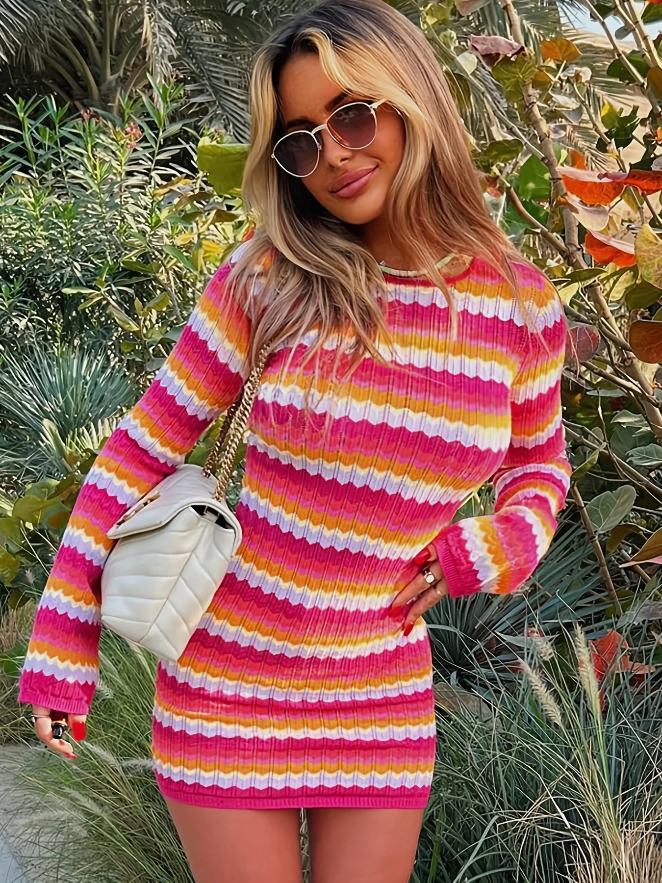 Chevron Backless Bodycon Dress, Y2K Sexy Crew Neck Long Sleeve Dress, Women's Clothing - Deanwangkt