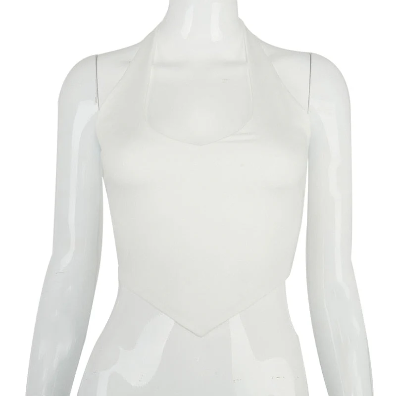 deanwangkt Women Fashion Backless Sleeveless Y2K Clothes Crop Top Summer Aesthetic White Baby Tee Sexy Vintage Slim T-shirt Streetwear - Deanwangkt