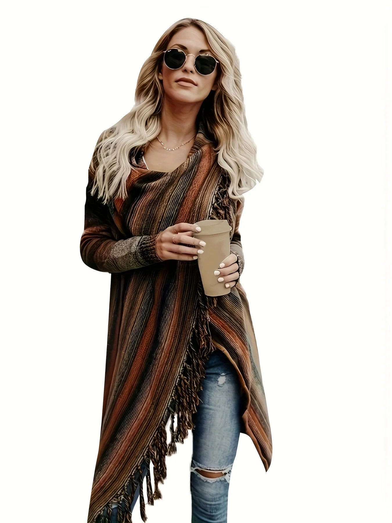 Striped Open Front Knit Shawl Cardigan, Elegant Tassel Trim Asymmetrical Mid Length Stylish Sweater, Women's Clothing - Deanwangkt