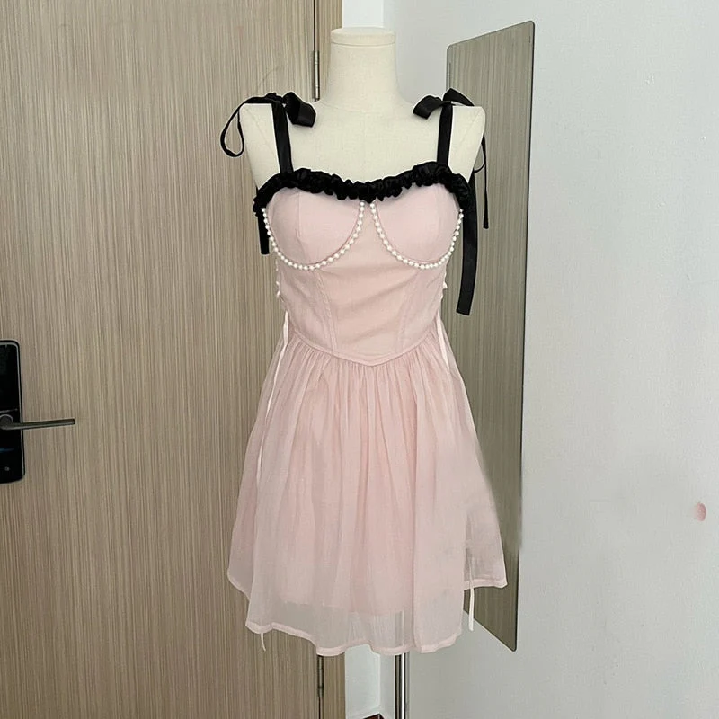 deanwangkt New Summer Dress French Style Princess Straps Dress High Waist Thin Pink Sweet Short Fairy Dress Female Sundress Bestidos - Deanwangkt