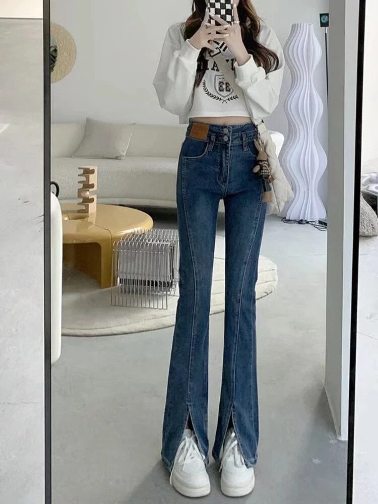 deanwangkt Split Jeans Women's Spring And Autumn New High-waisted Slim Fit Slim Wide-legged Micro-trumpet Mopping Pants Trendy Ins - Deanwangkt